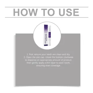 Teeth whitening pen detail showing usage instructions, gentle mint flavor, clean and bright.
