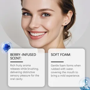 Detail dentifrice aux fruits rouges avec arome fruite et avantages de mousse douce.