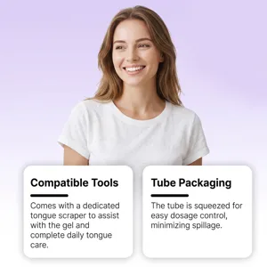 Vue détaillée de l'ensemble gel nettoyant et grattoir pour la langue, emballage tube.