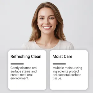 Detail view of refreshing mouthwash showing clean and moist care formula for daily oral hygiene.