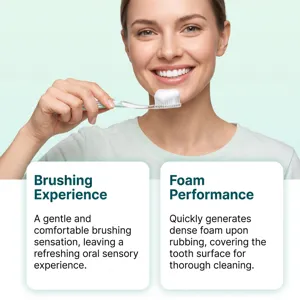Détail de dentifrice anti-taches à la menthe fraîche montrant une mousse riche et un brossage.