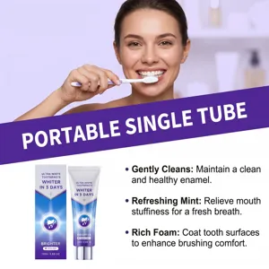 Dentifrice blanchissant portable en tube simple à la menthe fraîche pour un soin doux.