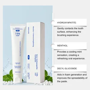 Vue détaillée du tube de dentifrice blanchissant au nano-hydroxyapatite nHAP et sa boîte.