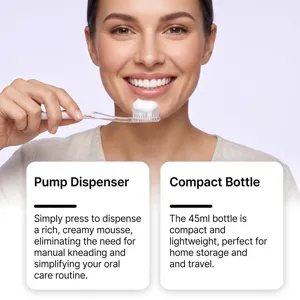 Vue détaillée de la mousse nettoyante violette pour dents avec mousse dense et sourire frais.