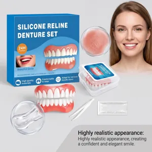 Silicone denture set detail view, featuring realistic teeth, tweezers, and accessories.