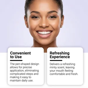 Teeth whitening pen detail showing portable design and refreshing mint scent for bright smile.