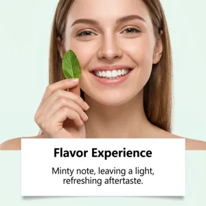 Dentifrice blanchissant a la menthe fraiche vue de detail avec feuilles naturelles.