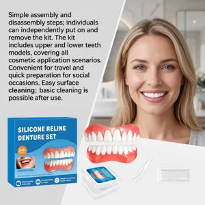 Silicone denture set with upper lower teeth models and gutta-percha for cosmetic smile care.