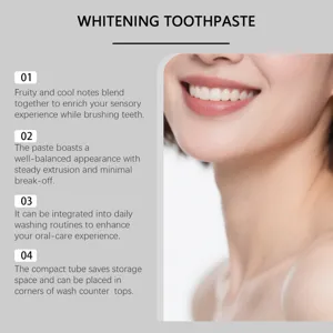 Vue détaillée du dentifrice blanchissant aux fruits, soin doux pour une haleine fraîche.