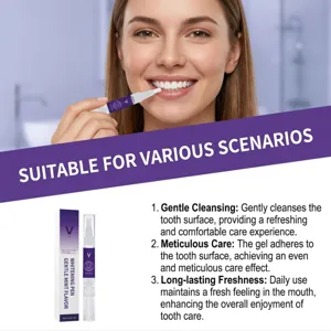 Detail shot of teeth whitening pen in use, showing clean ingredients and fresh mint flavor.