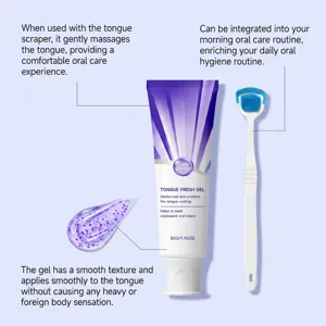 Gel nettoie-langue et gratte-langue set, texture lisse, soin doux, haleine fraîche, hygiène buccale.