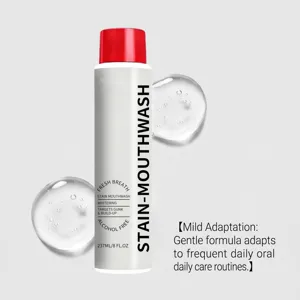 Detail shot of stain removal mouthwash bottle with transparent gel props on gray background.