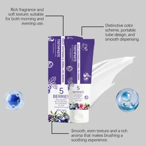 Dentifrice blanchissant 5 baies portable au parfum riche et texture lisse pour un soin quotidien.