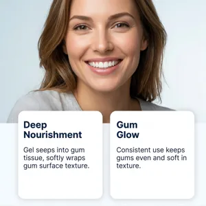 Vue détail des avantages du gel nettoyant bucco-dentaire, montrant les soins des gencives.