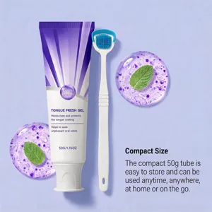 Détail du gel nettoyant pour la langue texture lisse avec tube compact de cinquante grammes.