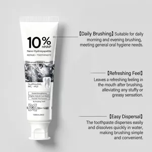 Vue détaillée du tube de dentifrice réparateur nano-hydroxyapatite 10% nHAP goût menthe.