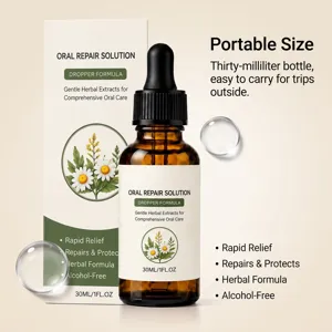 Soluzione riparatrice orale alle erbe in flacone contagocce ambrato da 30ml per la cura quotidiana.