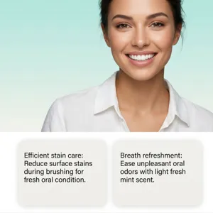 Gros plan sur le dentifrice en gel frais montrant le soin des taches et l'effet haleine.