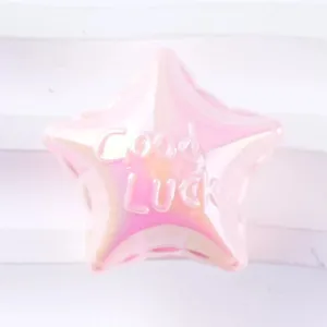 Pink star acrylic bead detail, glossy cute star charm with engraved text for DIY craft.