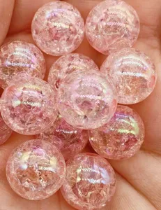 Pink crackle acrylic bubble beads with AB iridescent finish, DIY jewelry making and craft supplies.