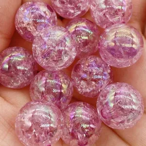 Pink crackle acrylic bubble beads with AB color, round loose beads for handmade jewelry and crafts.
