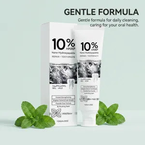Vue détaillée du tube de dentifrice réparateur nano-hydroxyapatite 10% nHAP avec menthe.