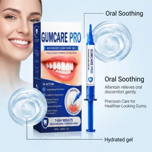 Détail du gel de soin pour gencives avec texture claire et applicateur seringue pratique.