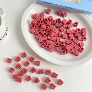 Pink acrylic square alphabet beads with large holes for DIY jewelry making necklaces