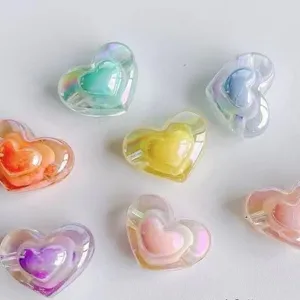 Acrylic AB color plated 3D heart DIY beads for handmade bracelets, cute transparent charms.