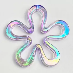 Detailed view of iridescent hollow flower bead, colorful UV plated DIY jewelry accessory.