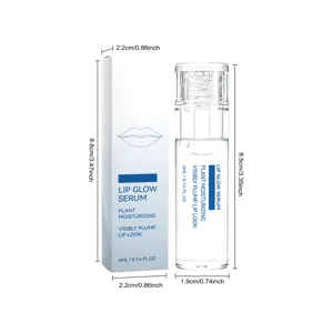 Présentation détaillée du flacon de sérum lèvre transparent et de sa boîte avec dimensions.