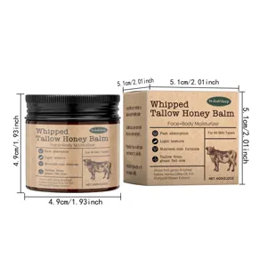 Detail shot showing jar and box dimensions of whipped tallow honey balm for skin care.