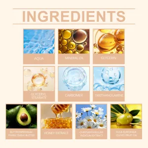 Detailed product ingredient chart showing natural extracts like shea butter, honey, and olive oil.