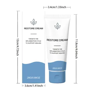 Vue détaillée du tube de crème restore et de sa boîte avec dimensions précises pour soins.