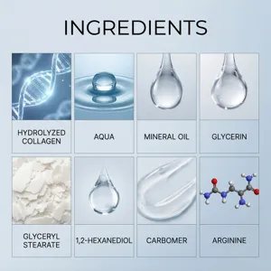 Graphique détaillé des ingrédients de la crème visage douce avec collagène et glycérine.