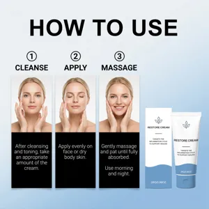 Vue détaillée de la crème de soin visage douce avec instructions d'utilisation et emballage.