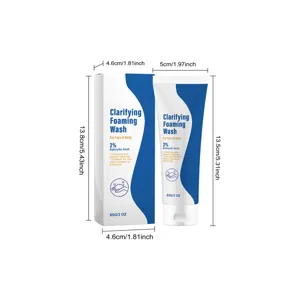Clarifying foaming wash detail view showing product dimensions and clean packaging design
