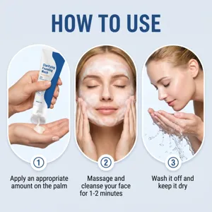 Detail view showing step-by-step usage of clarifying foaming wash with salicylic acid.