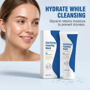 Close-up detail of clarifying foaming wash with salicylic acid for gentle face and body cleansing.