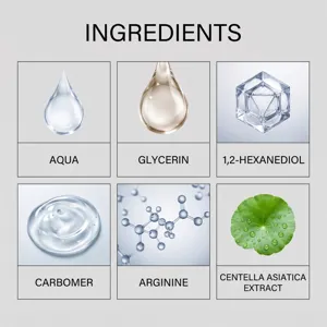 Zutatendetailgrafik des Centella-Serums mit Aqua, Glycerin, Carbomer und Pflanzenextrakt.