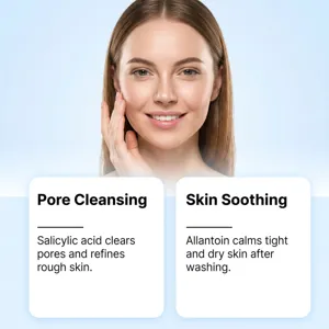 Facial cleanser detail shot showing pore cleansing and skin soothing effects with clear skin.