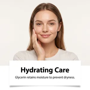 Closeup shot of hydrating facial cleanser model face, showing moisture and smooth skin care.
