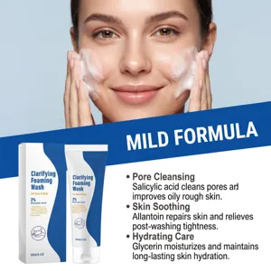 Detail view of foaming facial cleanser with salicylic acid, soothing and deep cleaning.
