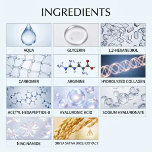 Rice sleeping mask ingredient infographic showing key extract and hydrating active formulas.