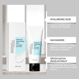 Rice overnight sleeping mask with hyaluronic acid and niacinamide for deep skin hydration.
