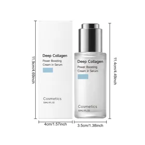 Detail view of the Deep Collagen serum bottle and packaging box showing dimensions and design.