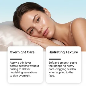 Rice extract overnight sleeping mask detail showing smooth skin and hydrating texture effects.