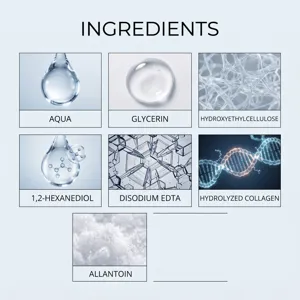Detailed view of cosmetic essence ingredients highlighting active components and water texture.
