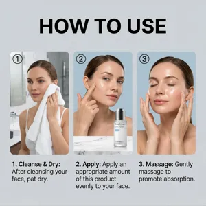 Step by step usage guide showing facial serum application on clean skin for daily routine care.