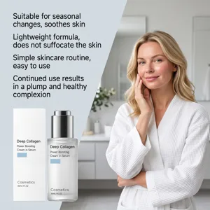 Collagen face serum in 30ml bottle with box, lightweight formula, deeply hydrates and plumps skin.